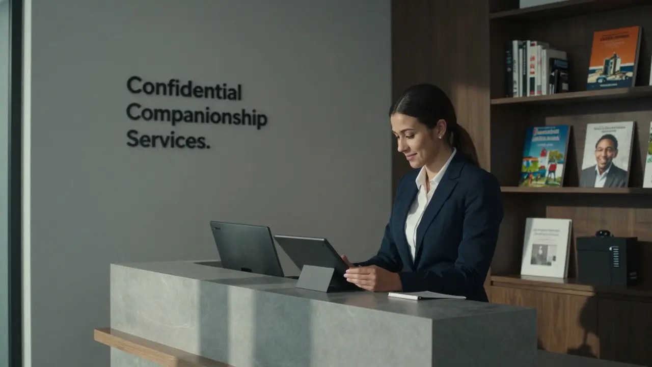 A professional receptionist verifying a client's identity through a secure video call in a discreet office.