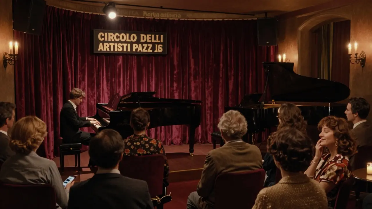 A quiet jazz club interior with a pianist playing as listeners sit in reverent silence under soft candlelight.