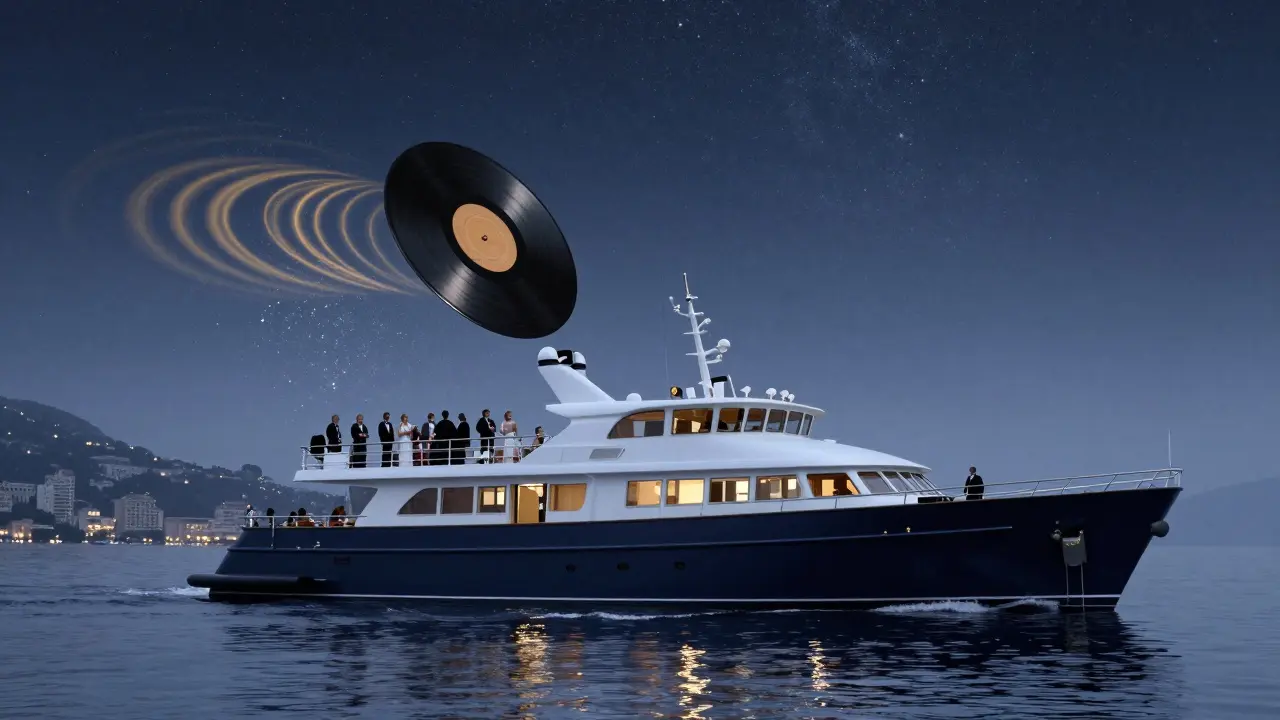 A quiet yacht cruising at night under stars, with passengers in formal wear and a floating vinyl record.