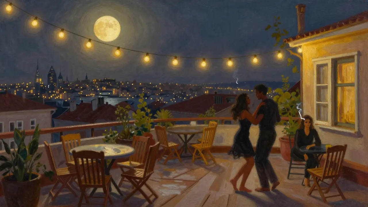 A rooftop garden in Kadıköy with locals dancing barefoot under string lights, surrounded by glowing city rooftops at night.