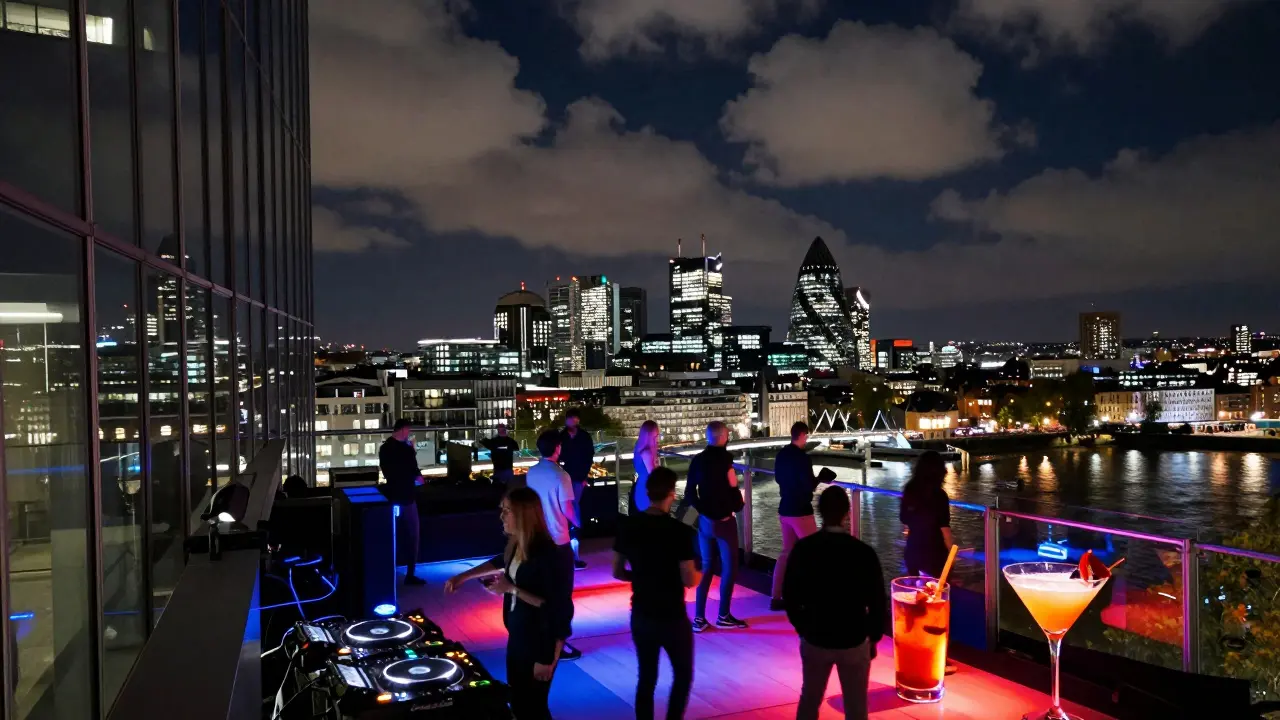 A rooftop party high above London’s Thames with dancers under neon lights and cityscape glowing at night.