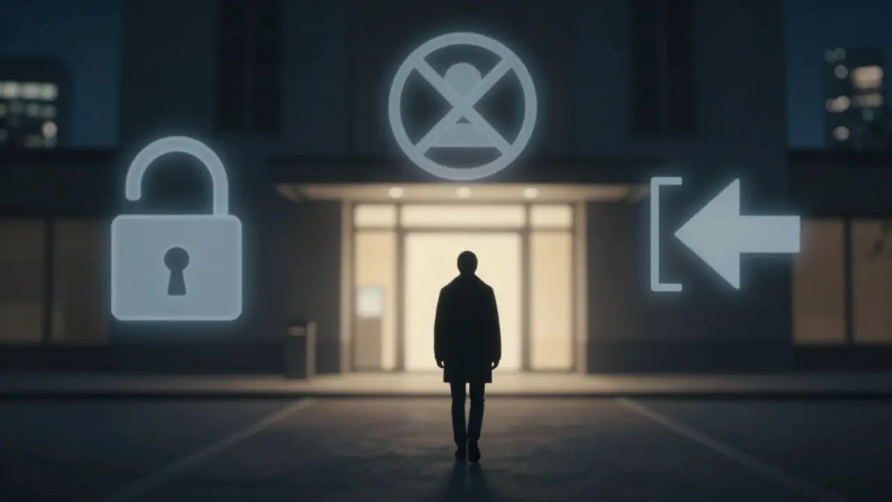 A shadowy figure walking away from a hotel entrance, surrounded by faint warning symbols in the night cityscape.