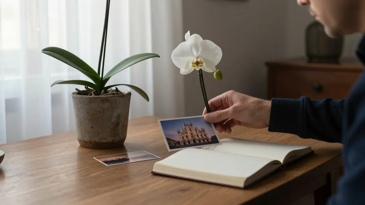 A single white orchid rests on a wooden table in a softly lit room, with a postcard of Milan’s Duomo nearby.