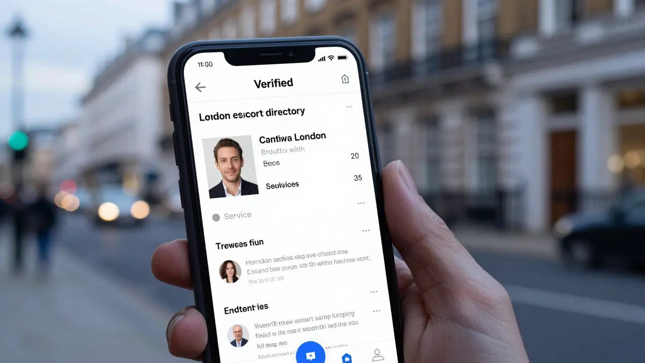 A smartphone screen displaying a verified escort profile with real name, photo, and client reviews.
