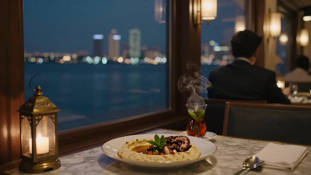 A solitary diner at 360 Lounge enjoying truffle hummus with a view of Abu Dhabi's skyline and Persian Gulf at 1 a.m.
