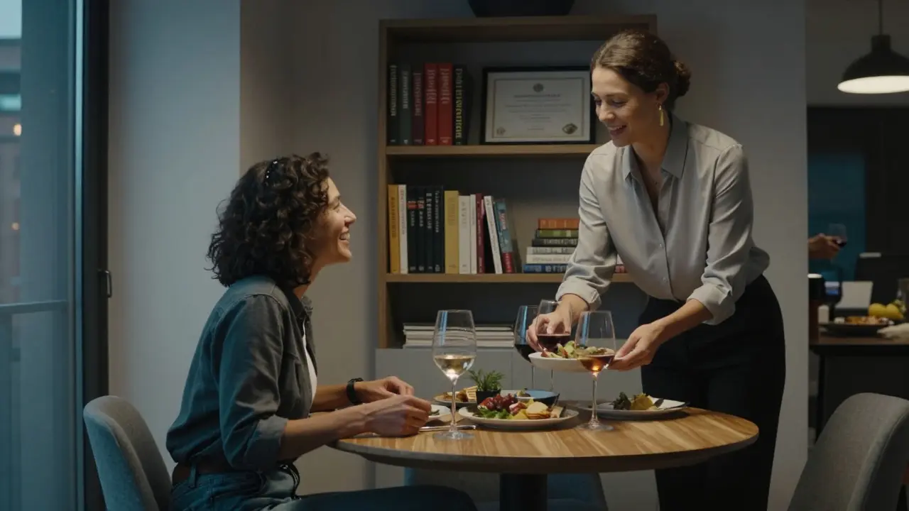 A woman enjoys dinner with a professional female companion in a modern Berlin apartment, lit by warm ambient light.