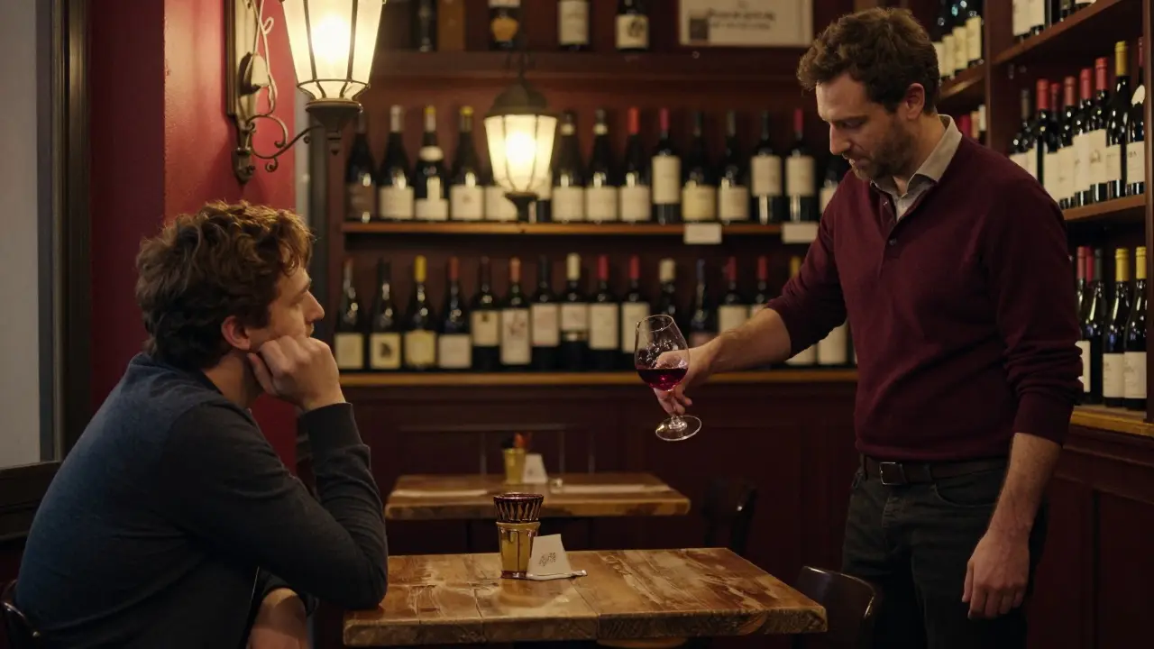 An escort pours wine in a cozy, dimly lit Milanese wine bar filled with rare bottles and wooden furnishings.