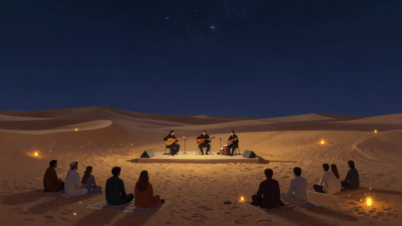 An intimate desert concert under the night sky with musicians and listeners seated in silence.