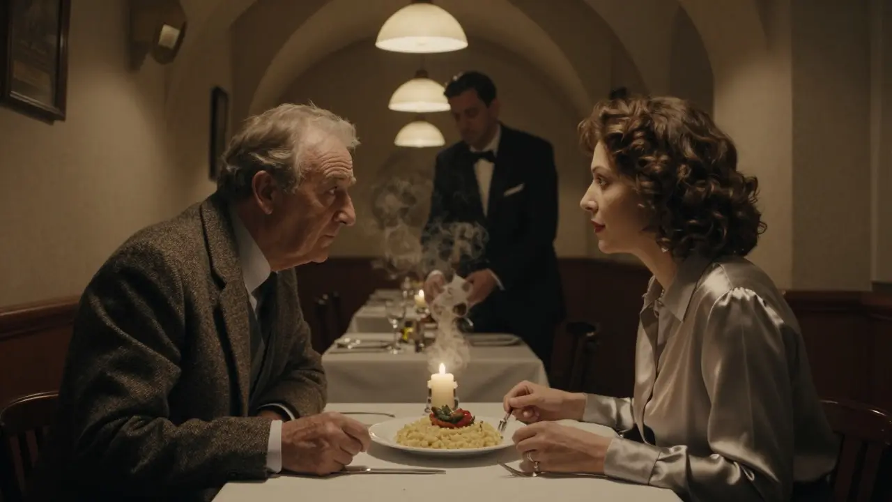 An older man and woman sharing risotto at Bracco 1888, their gaze meeting in a moment of quiet connection.