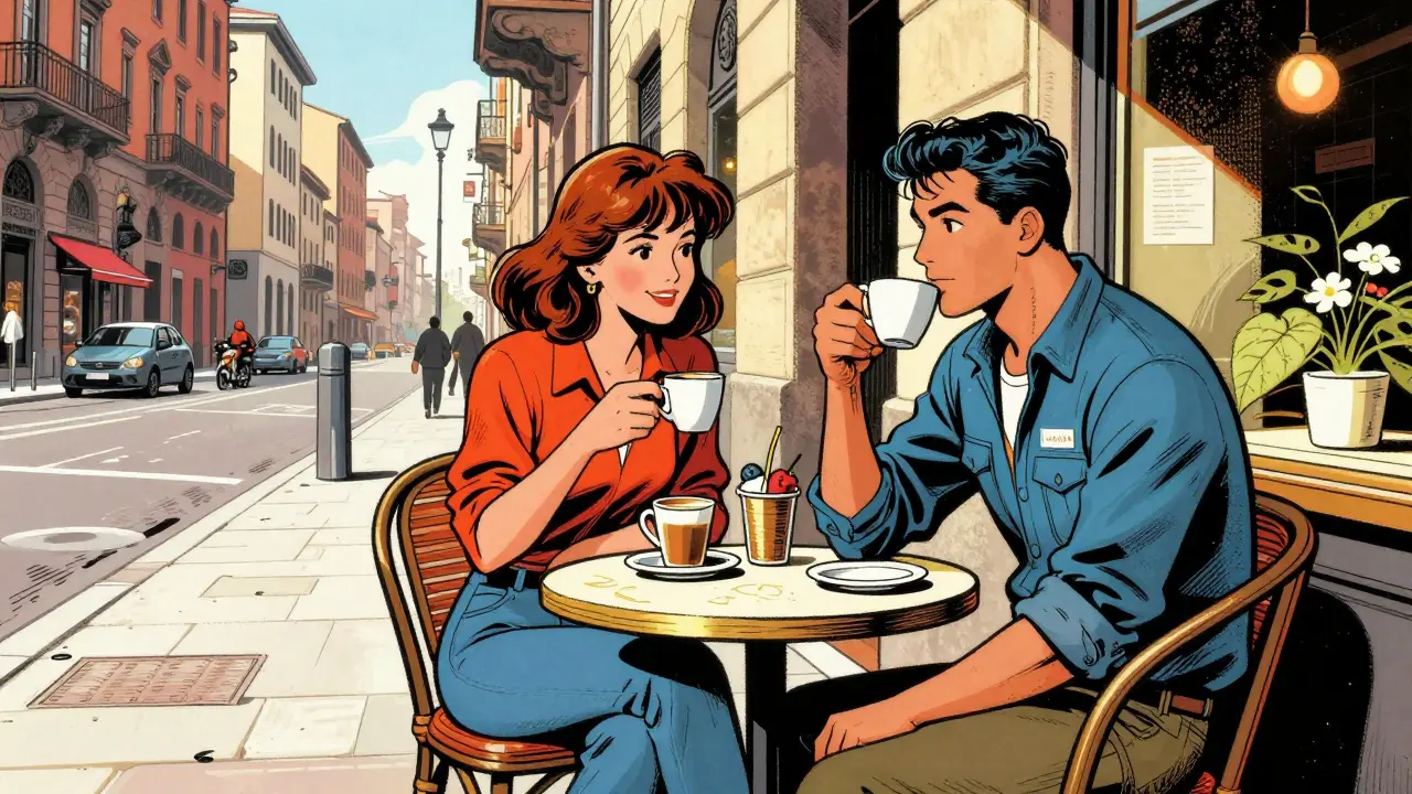 Casual coffee date with budget escort service in Milan.