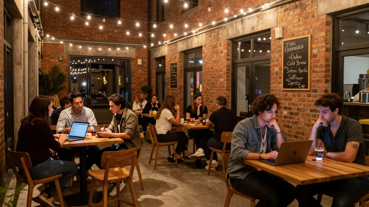 Casual gathering at Alserkal Avenue's Courtyard, diverse professionals chatting over craft drinks.