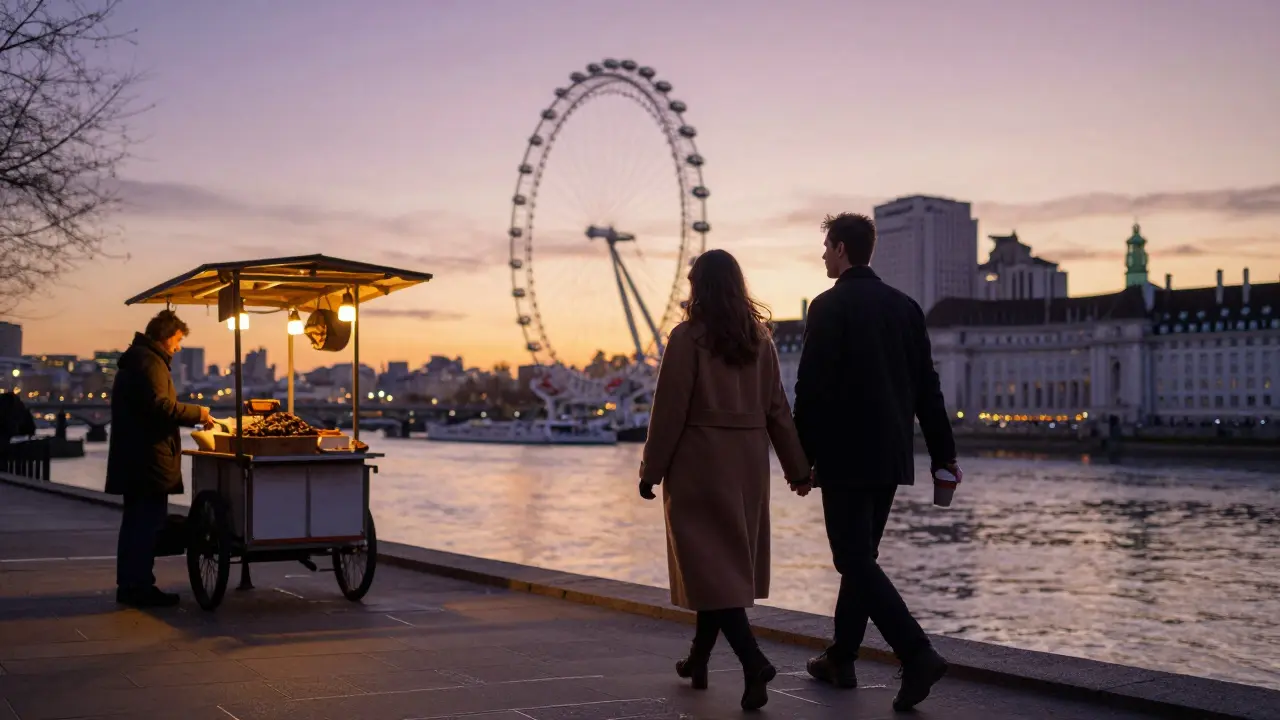 Couple walking hand-in-hand at sunset along the South Bank with the London Eye in the distance.