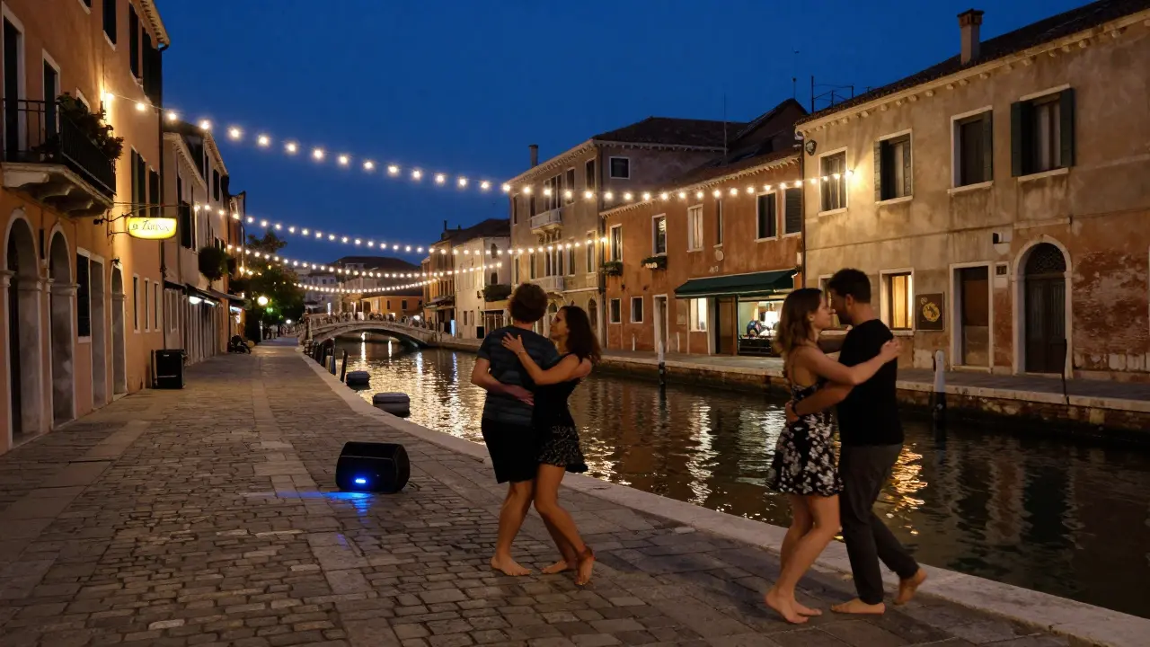 Couples dancing by the Navigli canal at night under string lights with historic bars glowing nearby.