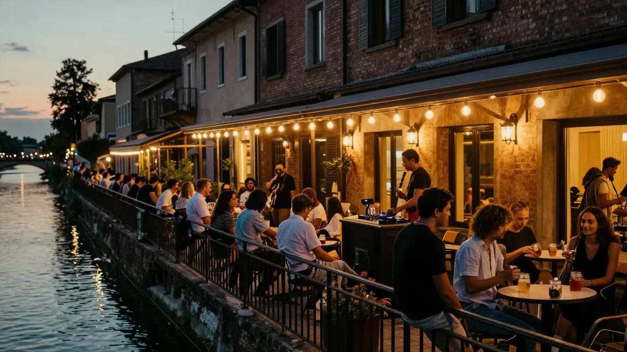 Couples enjoying cocktails on a canal-side terrace in Naviglio Grande at dusk.