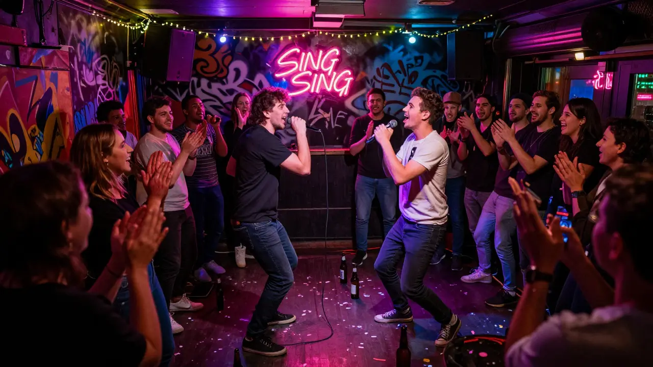 Crowd cheering as two teams compete in a high-energy karaoke battle with neon lights and graffiti walls.
