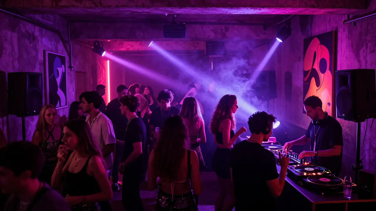 Crowd dancing in a vibrant underground warehouse club with art installations and strobing lights.