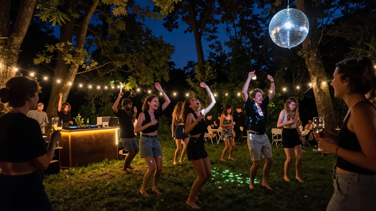 Dancers barefoot under twinkling lights at Cocoricò’s open-air club, surrounded by trees and stars at midnight.