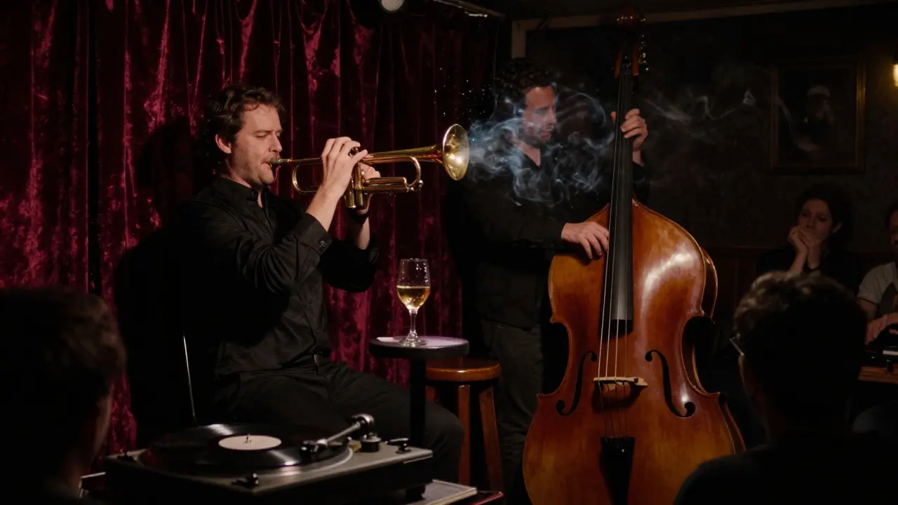 Dim jazz club basement with a trumpet player mid-solo and a glass of red wine on a wooden table.