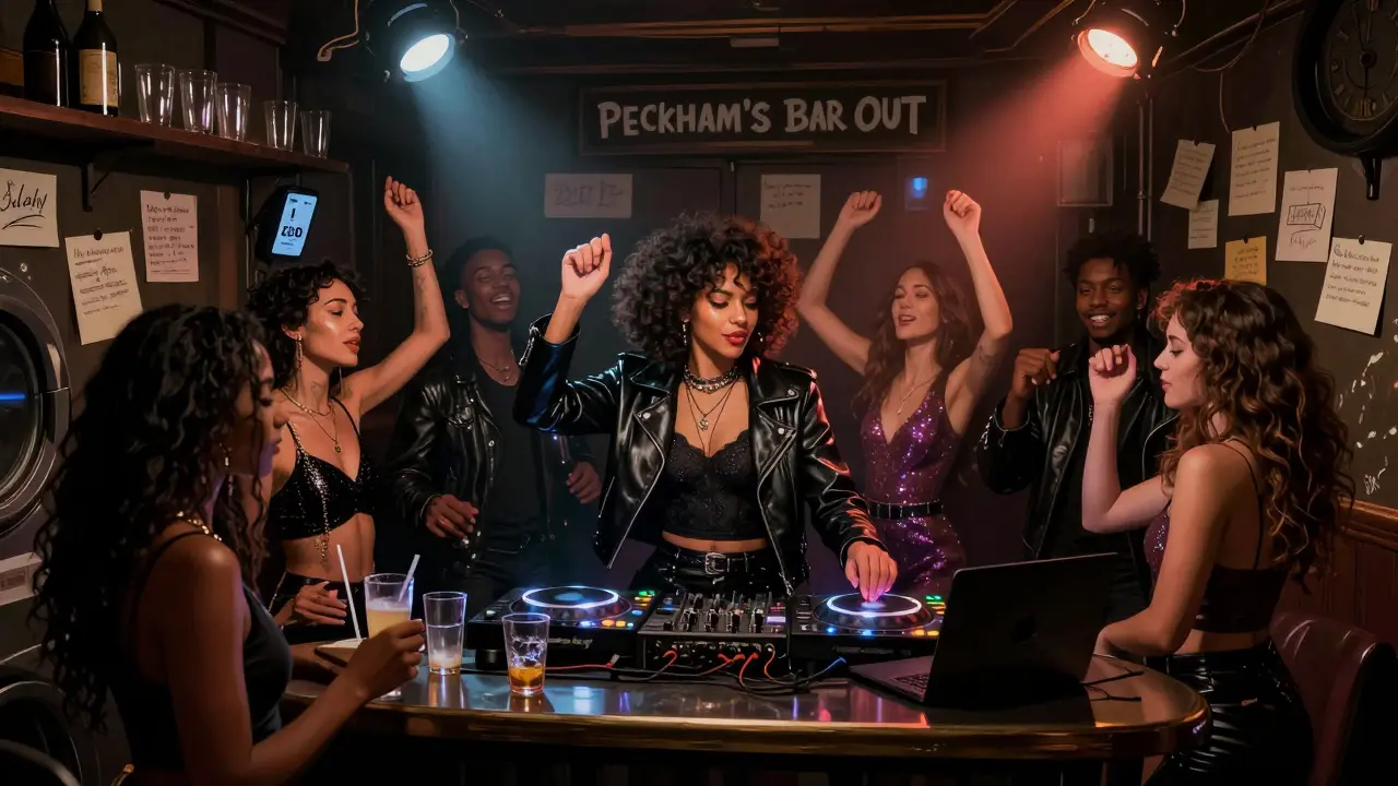Diverse group dancing in a dim, intimate underground queer venue in Peckham.