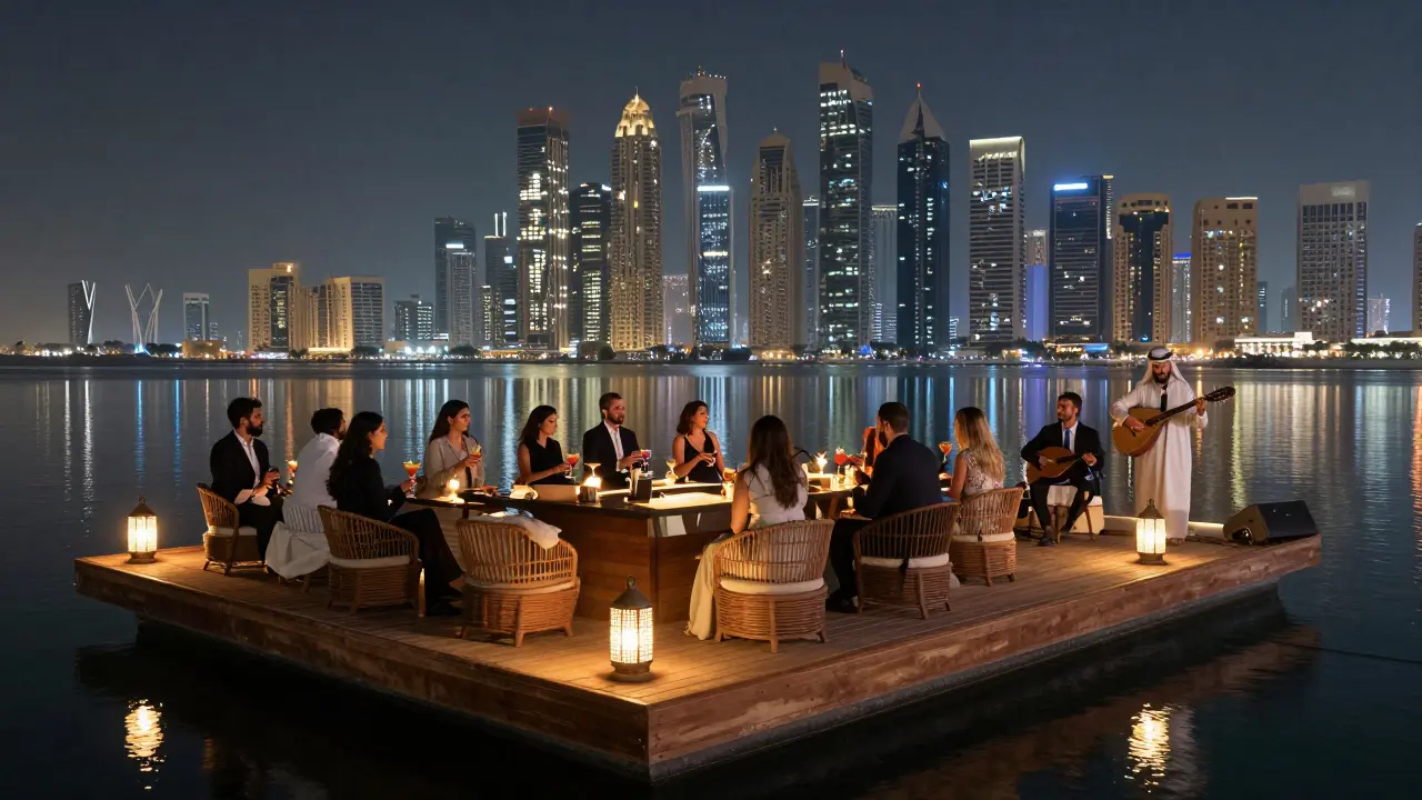 Floating bar on Dubai Creek at night, guests enjoying cocktails as city lights reflect on the water with traditional music in the air.