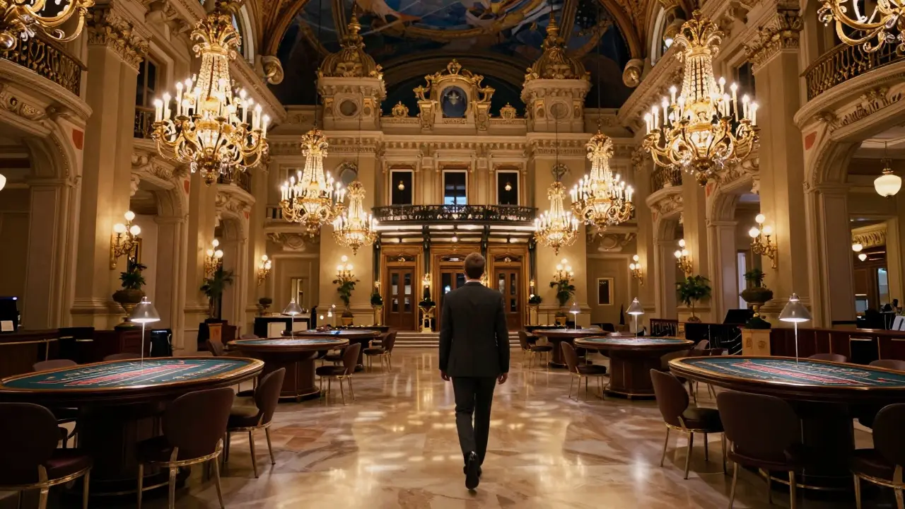 Grand interior of Casino de Monte-Carlo with golden chandeliers and marble floors.