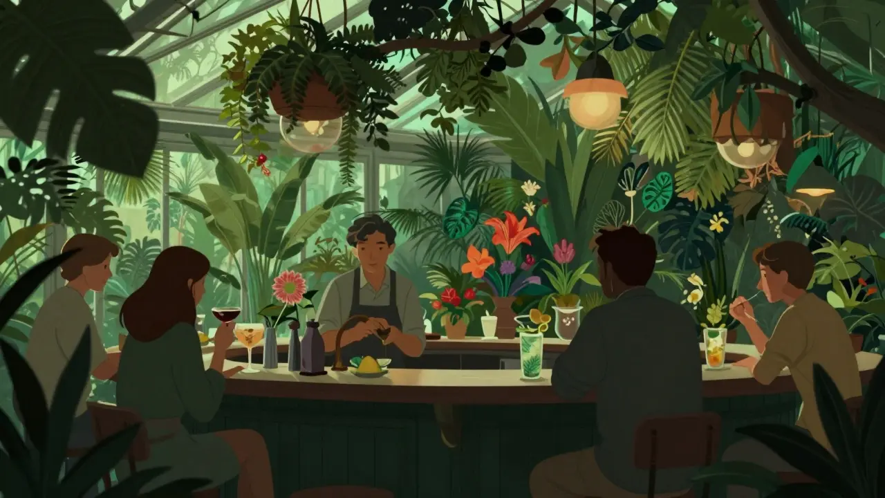 Greenhouse-style bar with plants and cocktails in Soho.