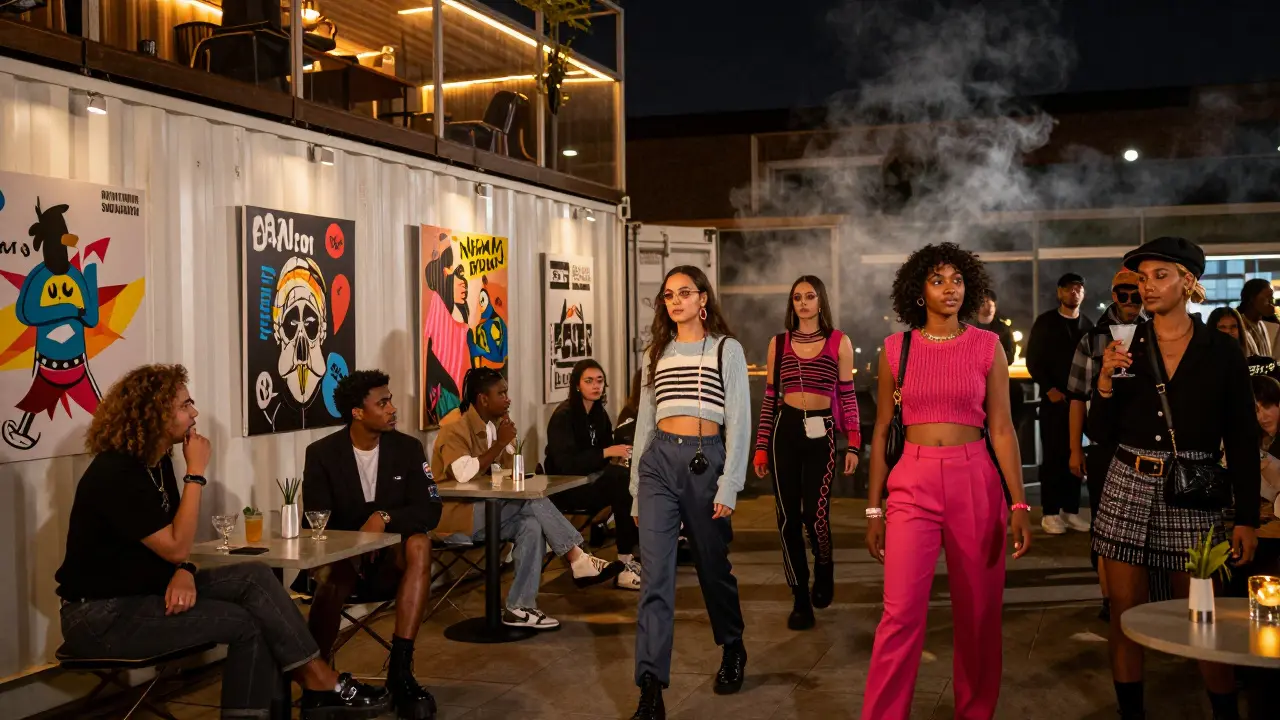 Guests at Boxpark Shoreditch mingle beside a runway display of fashion collaborations under warm rooftop lights.
