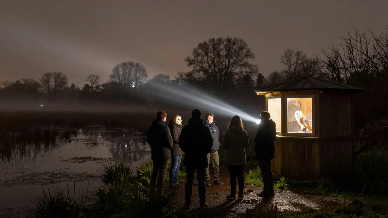 Guided night walk observing owls at London Wetland Centre.
