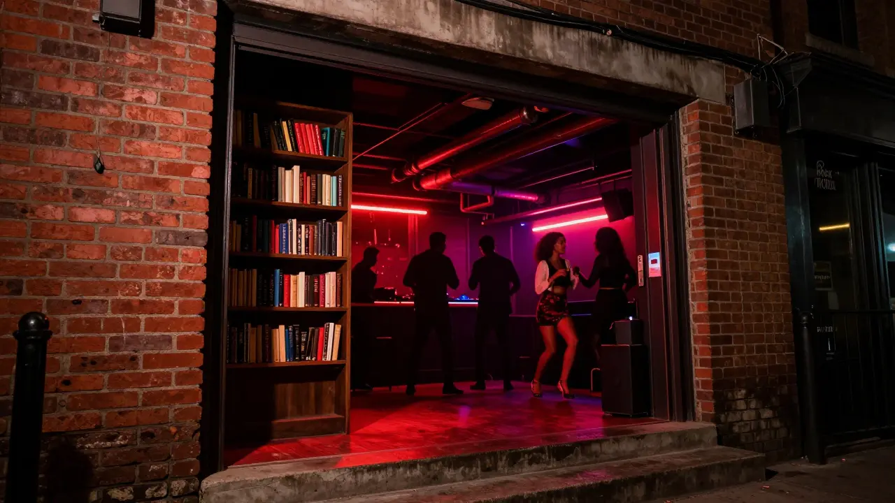 Hidden entrance to Rock 'n' Roll nightclub with industrial interior and pulsing lights.