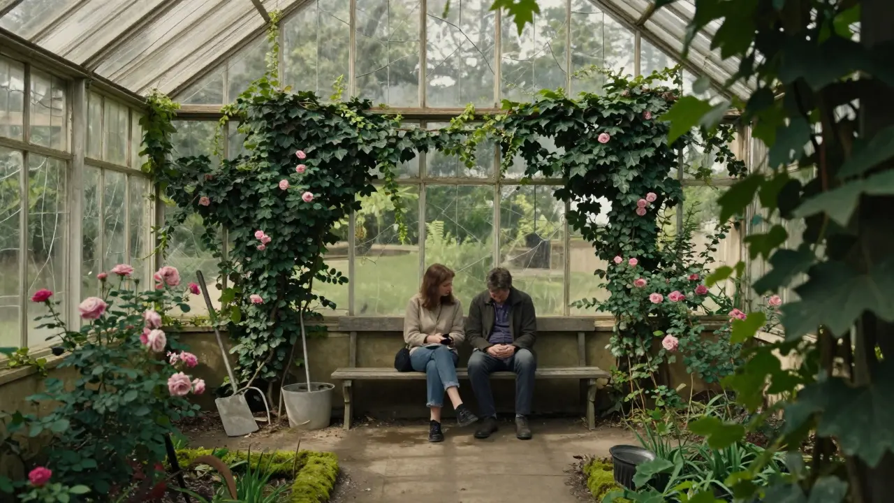 Hidden overgrown greenhouse in Luxembourg Gardens with wild roses and soft light filtering through broken glass.