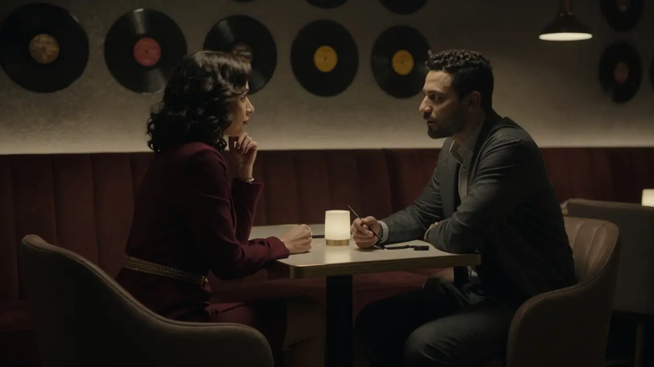 In a dim jazz lounge, a woman listens attentively to a man across a table, surrounded by vintage decor and silence.