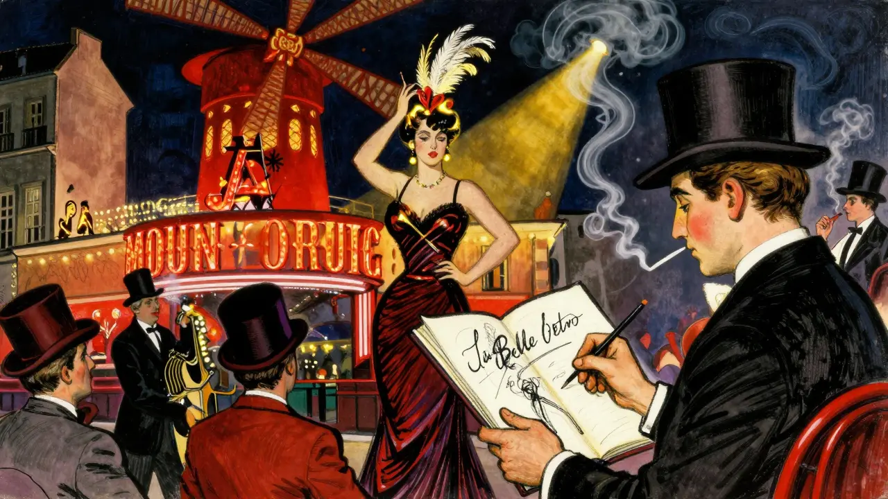 La Belle Otero performing on the Moulin Rouge stage under spotlights as Toulouse-Lautrec sketches her.