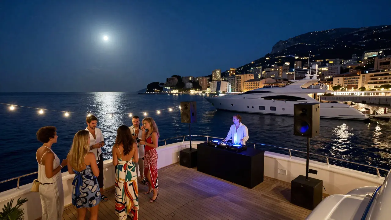 Luxury yacht party with DJ and Monaco skyline at night.