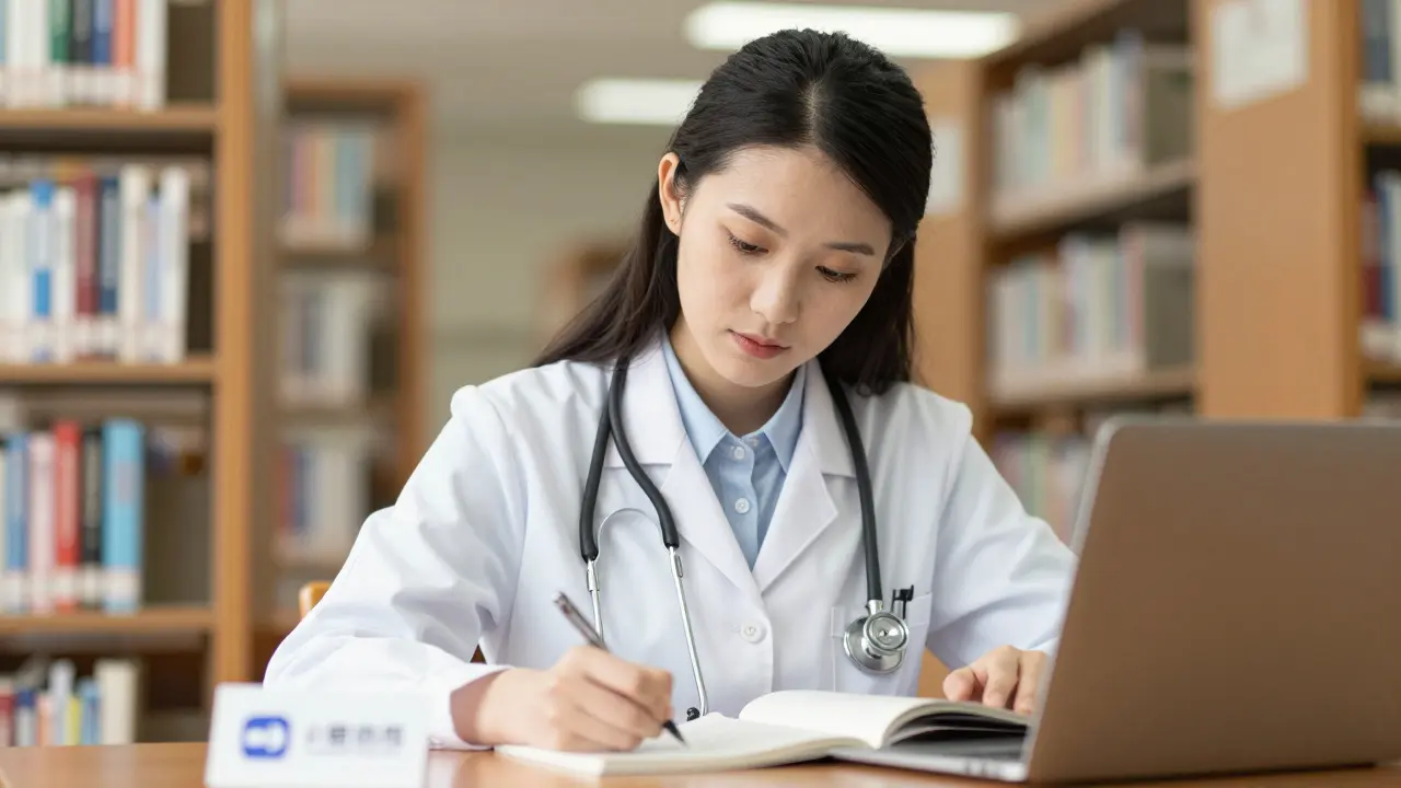 Medical student studying in library with stethoscope and business card.