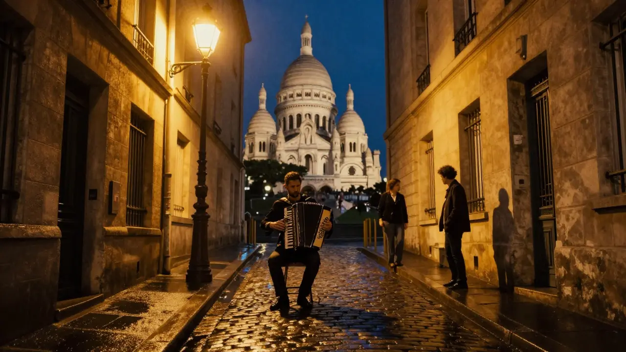 Montmartre at night, accordion player below Sacré-Cœur, two figures silhouetted on the steps under streetlamps.