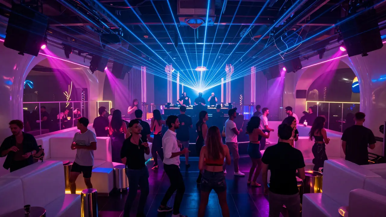 Neon-lit White Dubai nightclub with a vibrant crowd dancing under pulsing lasers and bass-driven lights.