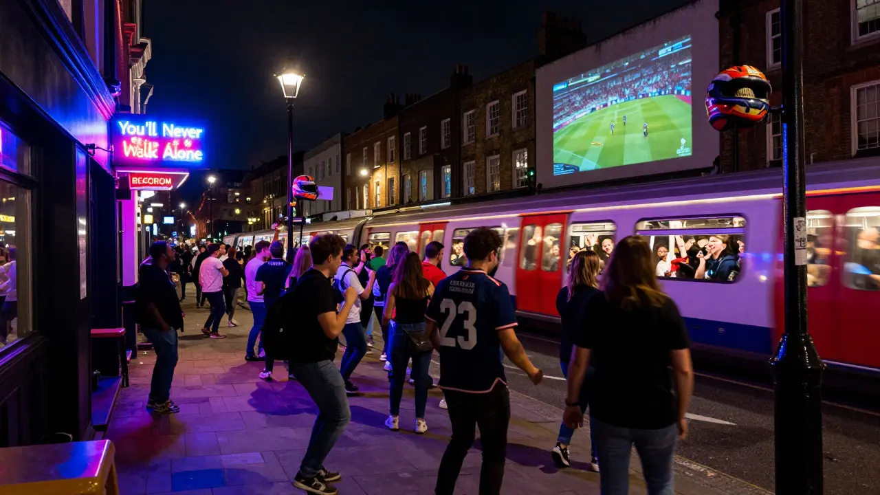 Nighttime London street after a football match, fans dancing under neon lights with match projections on buildings.