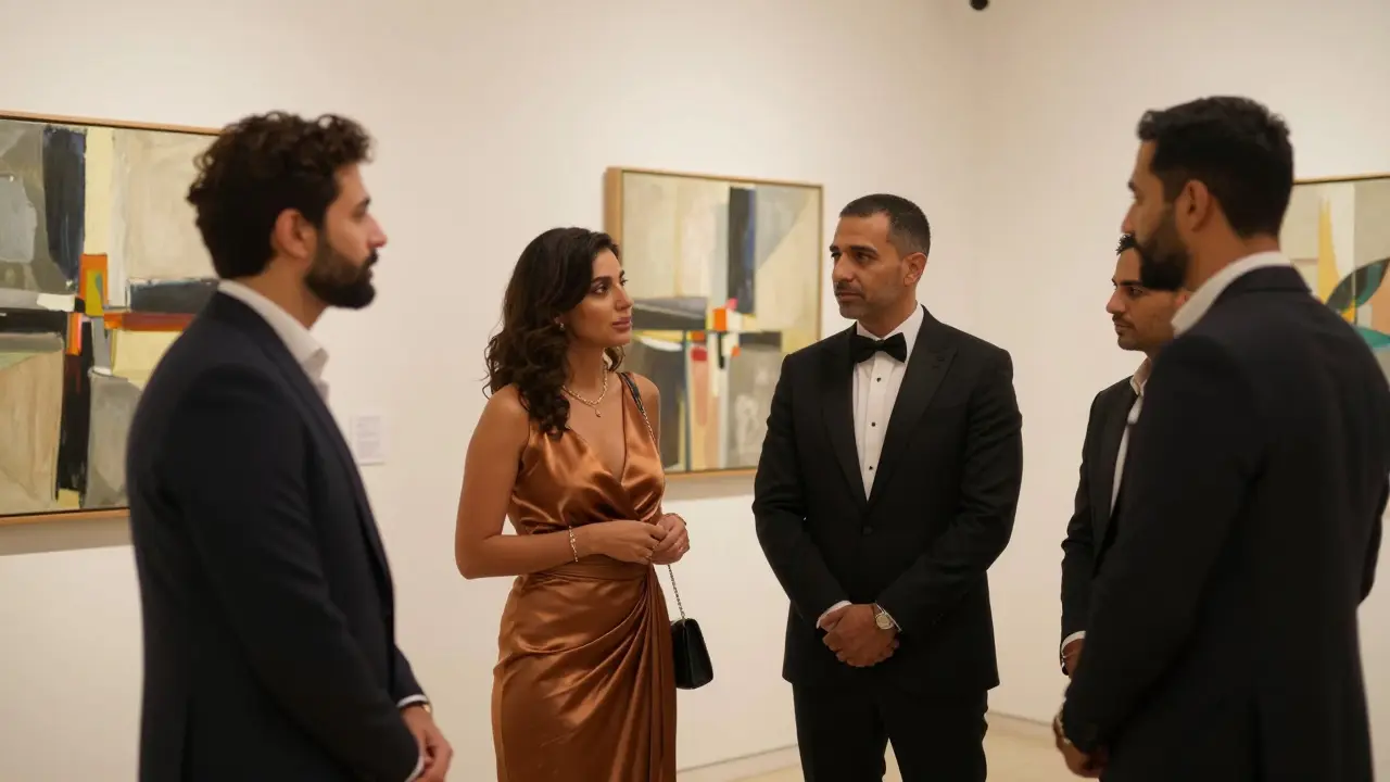 People engaging in quiet, intellectual conversation at a private art gallery event in Abu Dhabi.
