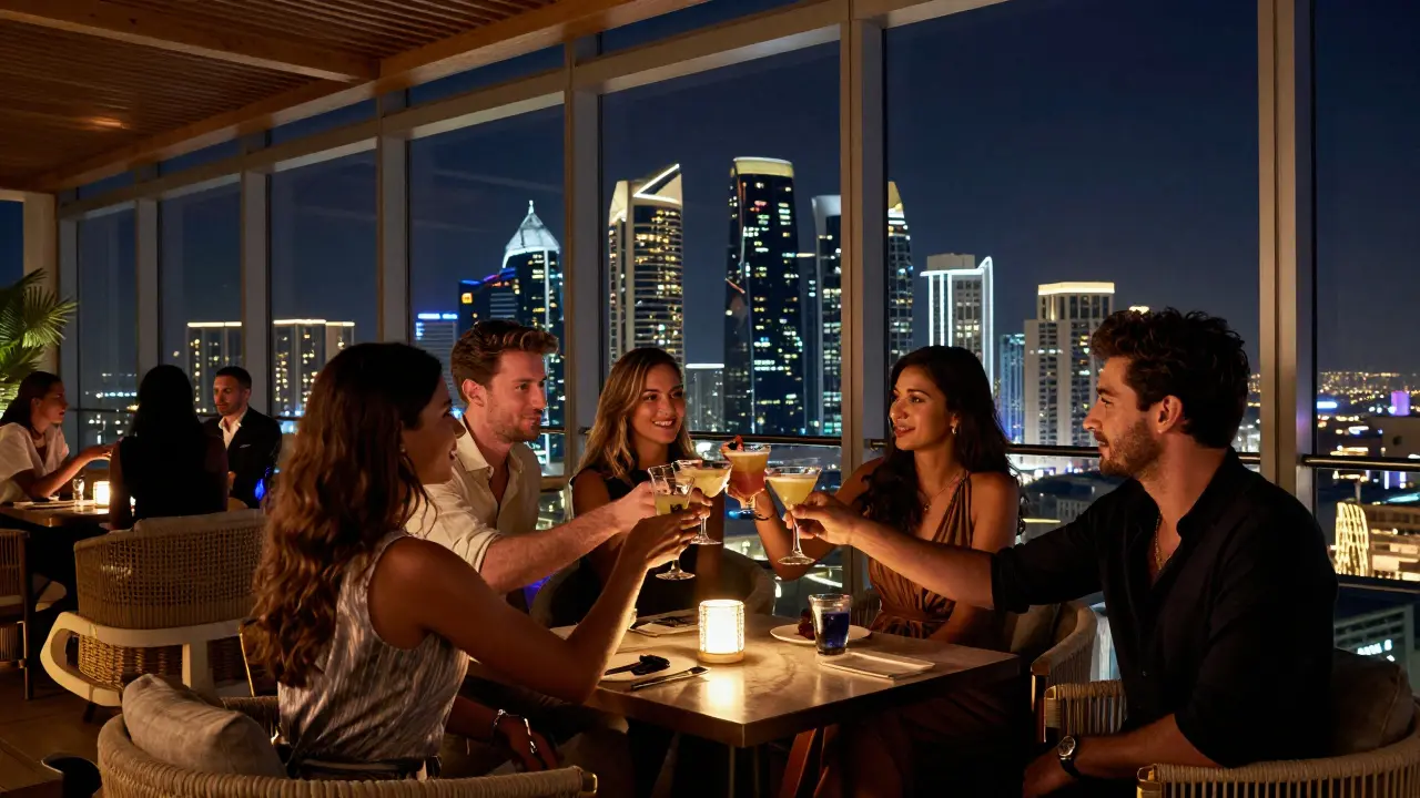 People relaxing on a rooftop lounge with Abu Dhabi’s skyline glowing behind them at night.