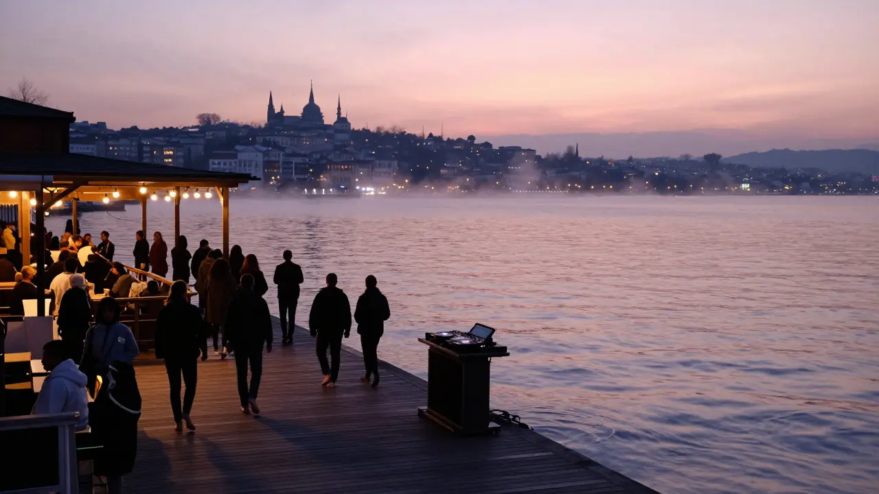 People walking away from a waterfront club at sunrise as the Bosphorus glows in dawn light.