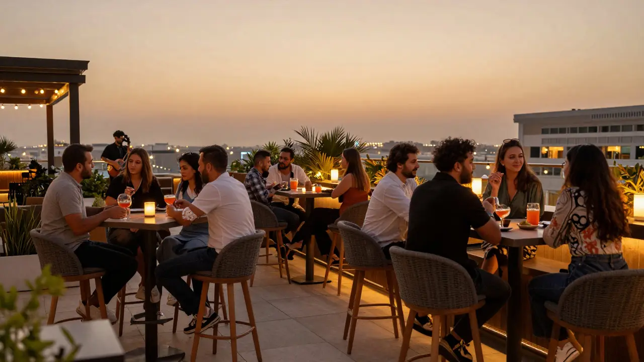 Quiet rooftop bar scene with patrons conversing warmly under soft twilight lights.