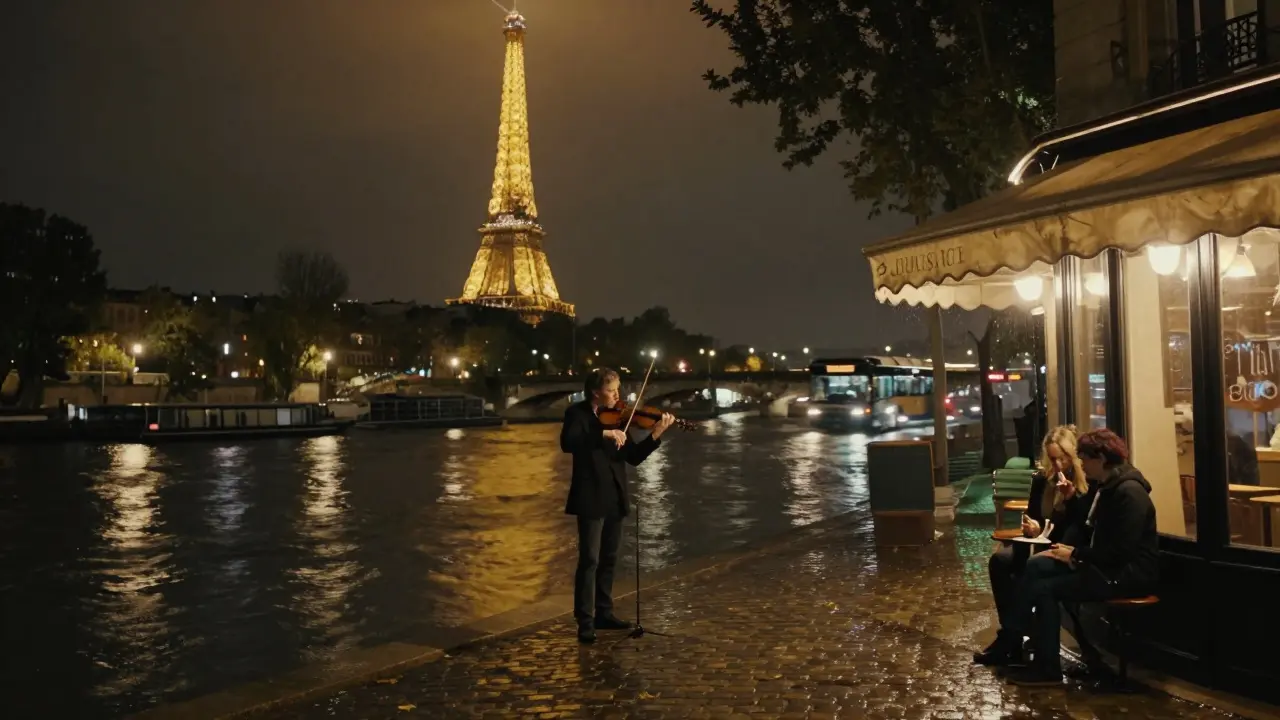 Quiet Seine riverside at 2 a.m. with Eiffel Tower sparkling, a violinist tuning, and a couple sharing a cigarette.