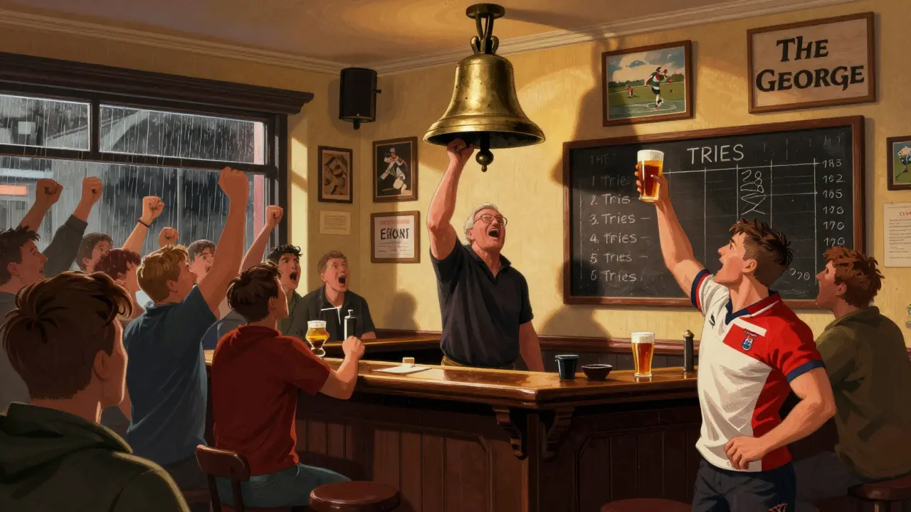 Rugby fans celebrating a win in a London pub, owner ringing a bell as others raise pints in joy.