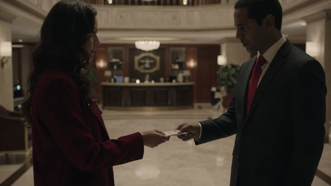 Traveler handing cash to shadowy figure in hotel lobby, suspicious mood.