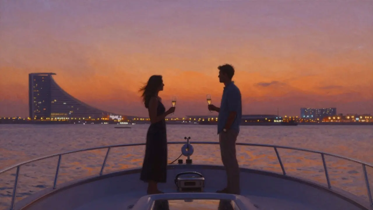 Two figures on a private yacht at sunset, silhouetted against Dubai’s glowing coastline.