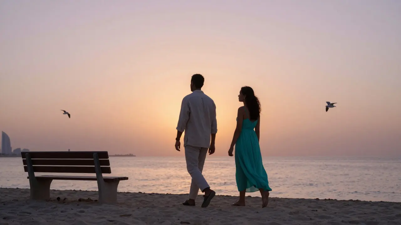 Two figures walking peacefully along Jumeirah Beach at sunset, silhouetted against the glowing ocean.