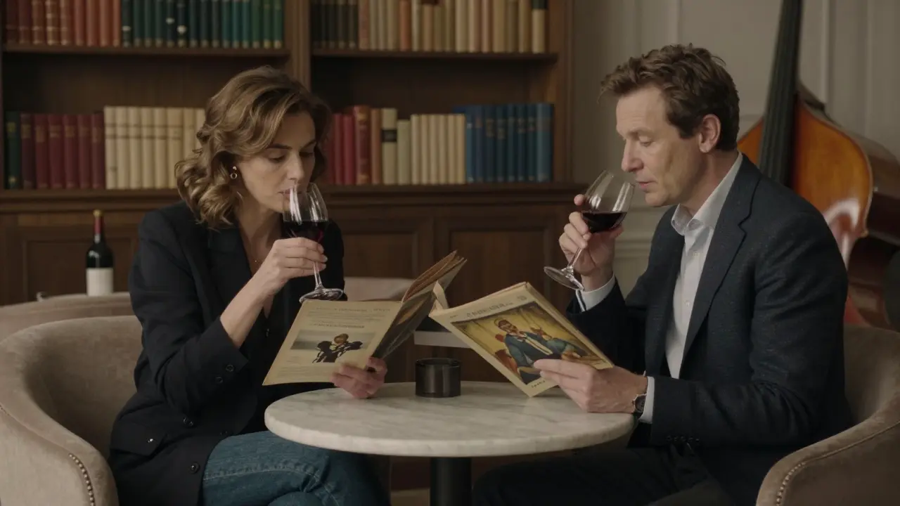 Two people engage in quiet conversation over wine and an art catalog in a Parisian lounge.