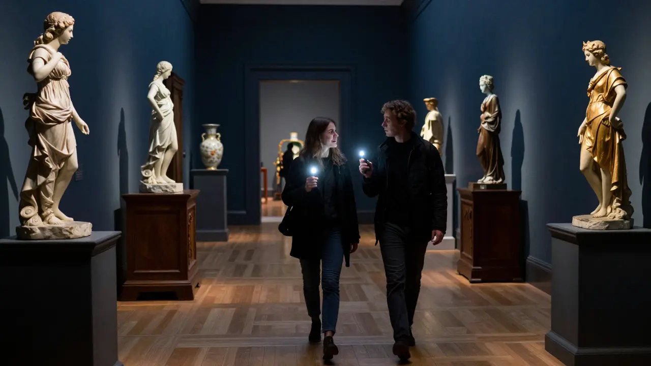 Two people exploring the Victoria and Albert Museum after hours, guided by a soft flashlight.