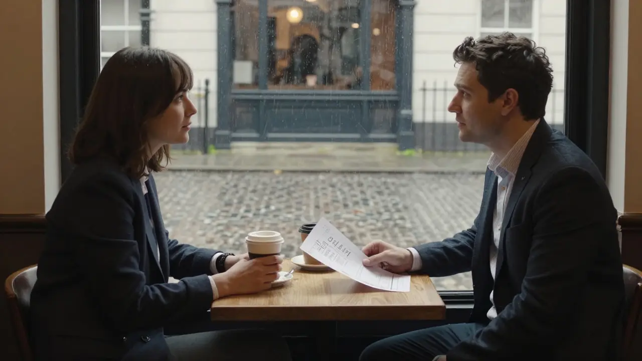 Two people in a quiet London café having a calm, respectful conversation.