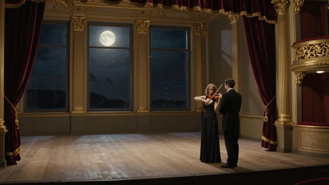 Two people listen quietly to an opera rehearsal at La Scala, bathed in moonlight and gilded elegance.